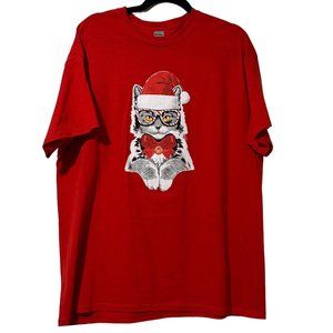 Gildan heavy cotton women’s red ugly Christmas cat candy cane glasses t-shirt